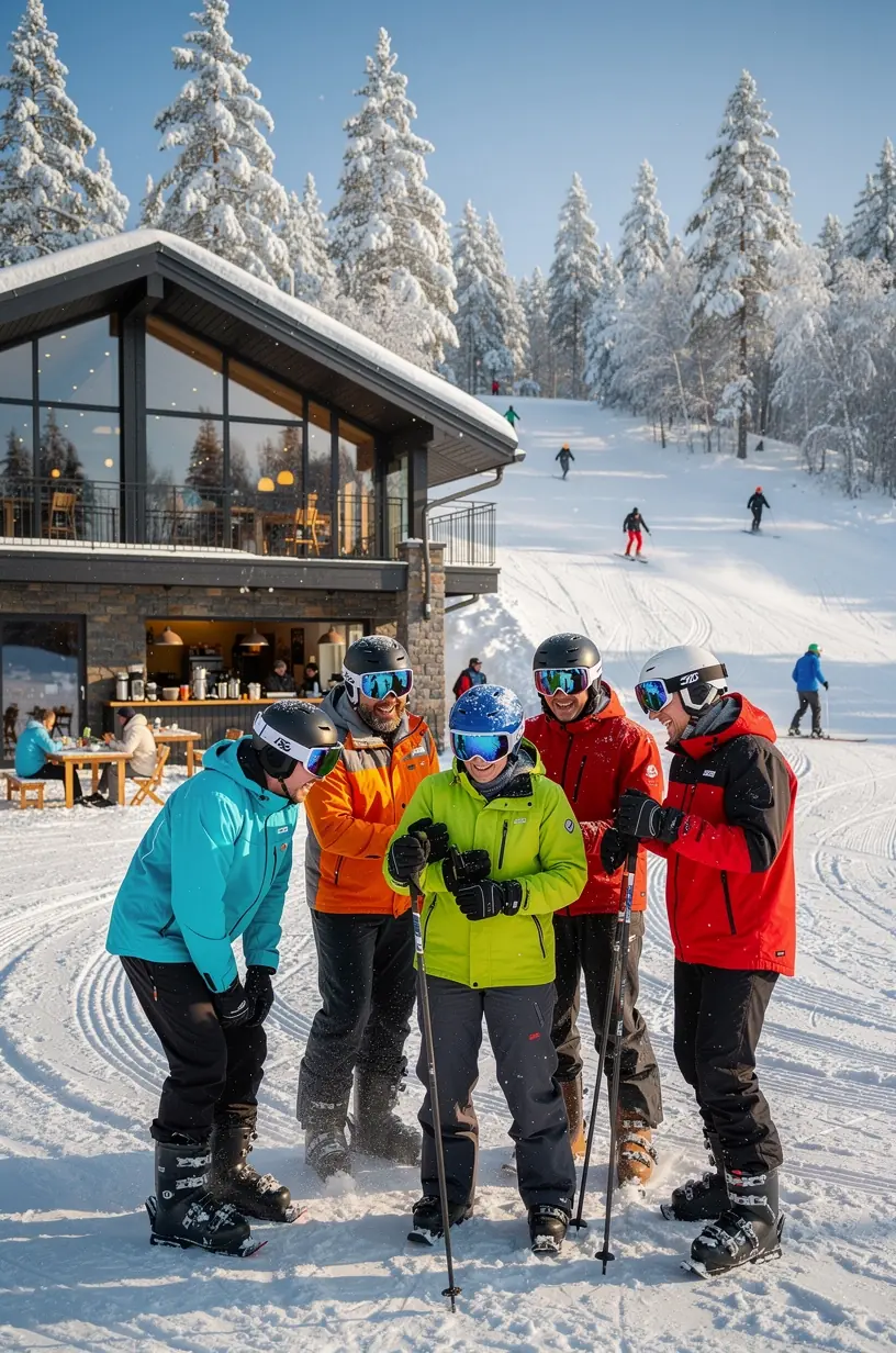 Rändurid soojalt riietatuna, naudivad talvist maastikku ja lumiseid radu talispordikeskuses.
